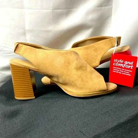 dexflex comfort Shoes - NWT DEX FLEX COMFORT  SIZE 8.5 SLIP ON TAN  SUEDE LOOK 3” HEELED SANDAL …